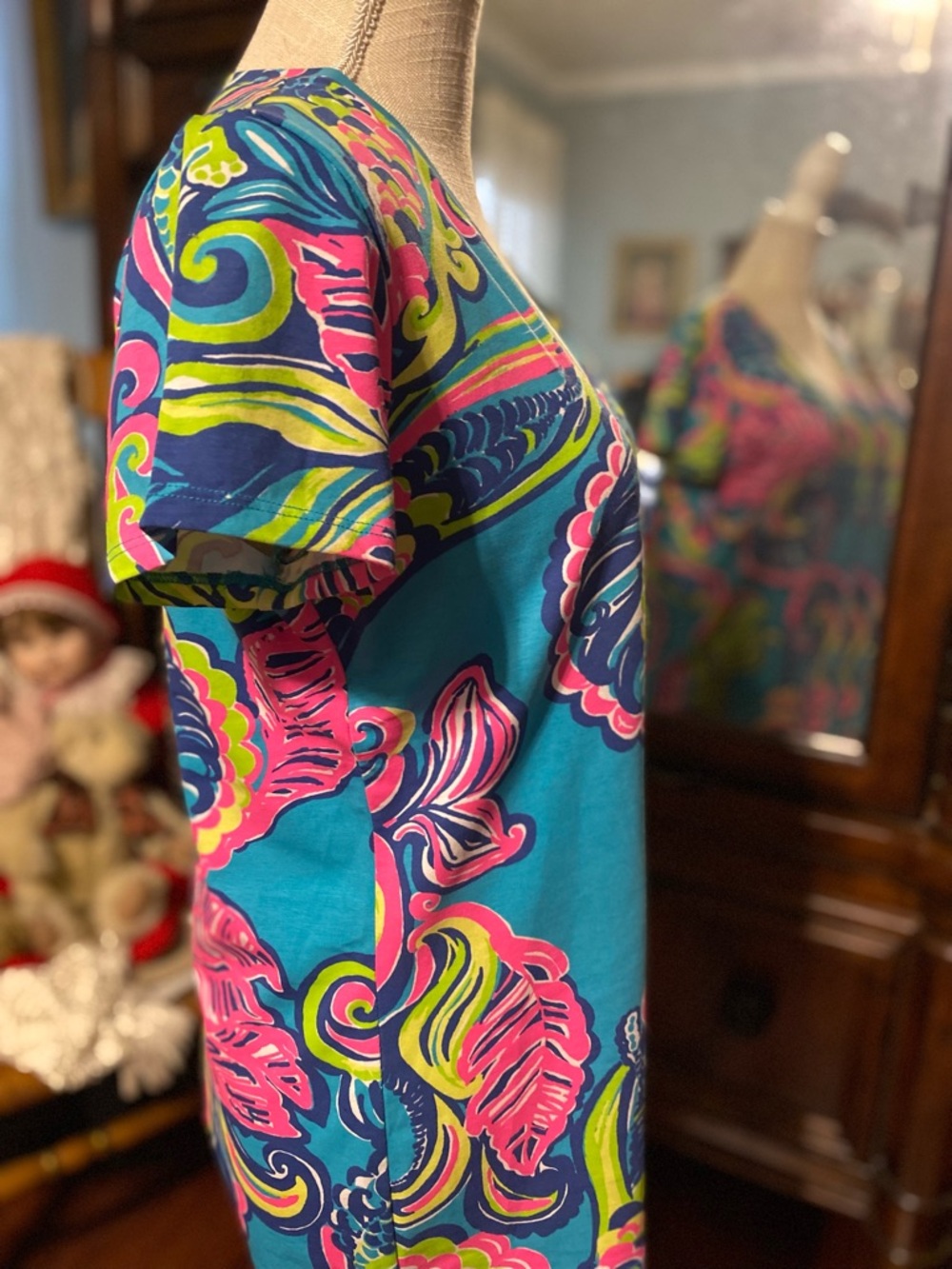 Lilly Pulitzer Teal Top with Pink, Lime & Navy Swirl Print, Size L - Picture 3 of 4